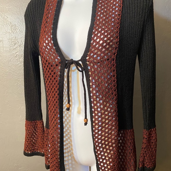 SAPPHIRE Black and Rust Long Sleeve Tie Front Bell Sleeve Cardigan - Picture 7 of 16